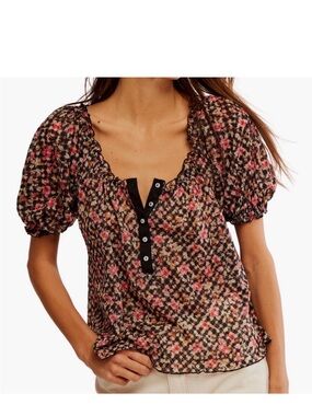 New Free People Women's Astra Puff Sleeve Floral Print Top Black Small